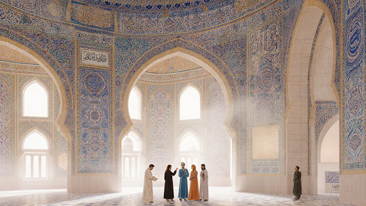 Interior of Jumeirah Mosque with intricate geometric mosaics and soft light, guide explaining calligraphy to a small group.