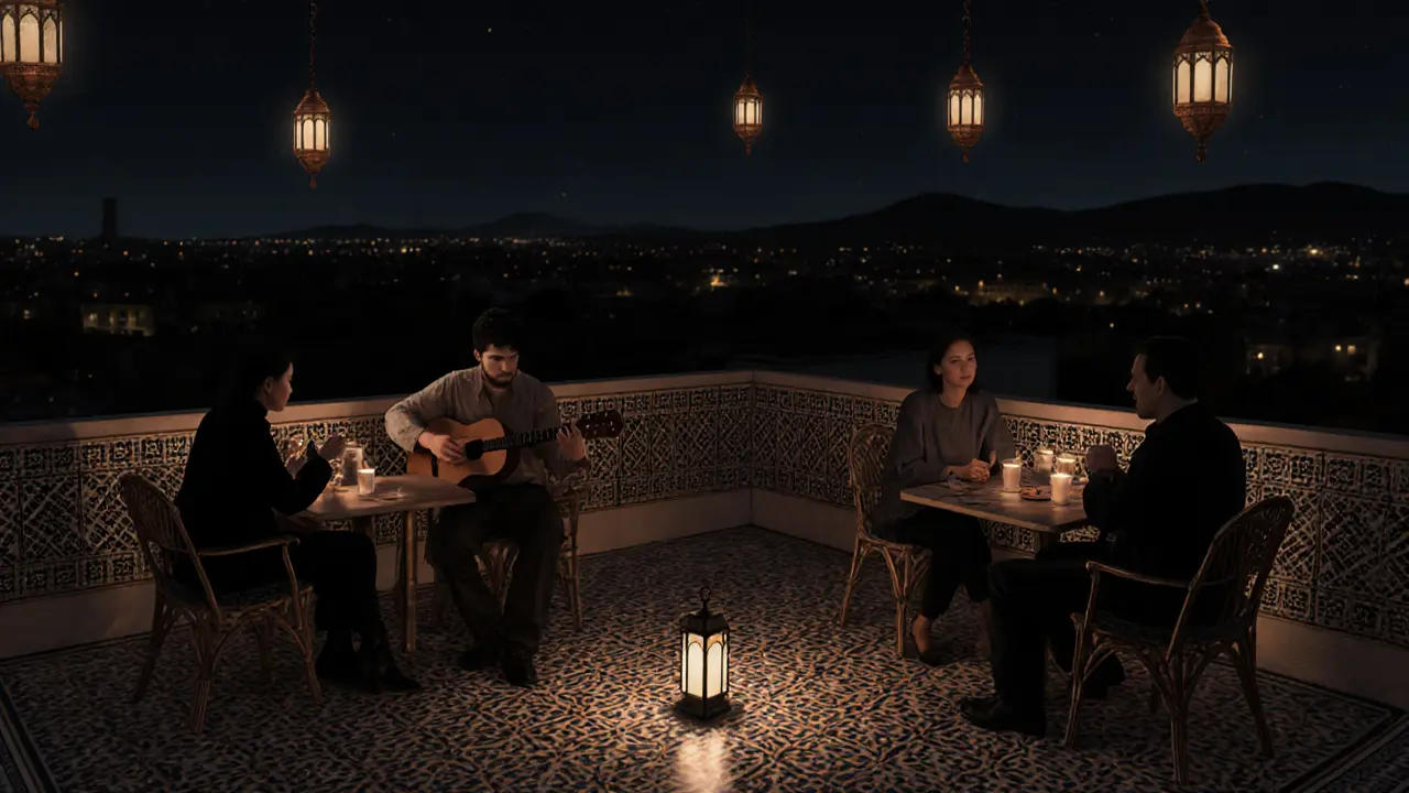 Intimate Moroccan rooftop with guitarist playing Andalusian music under lantern glow.