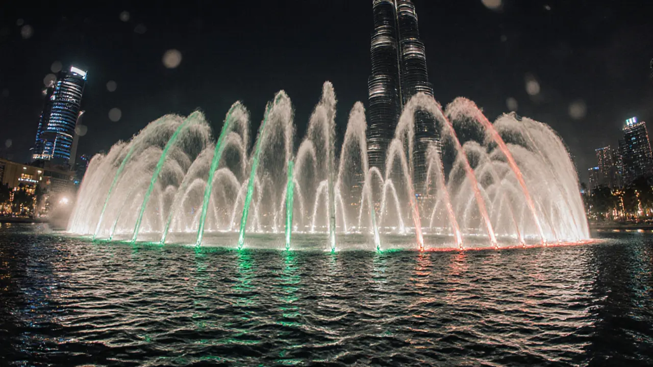 Intricate water choreography of the Dubai Fountain with multicolored lights and arcing jets reflecting on the lagoon.