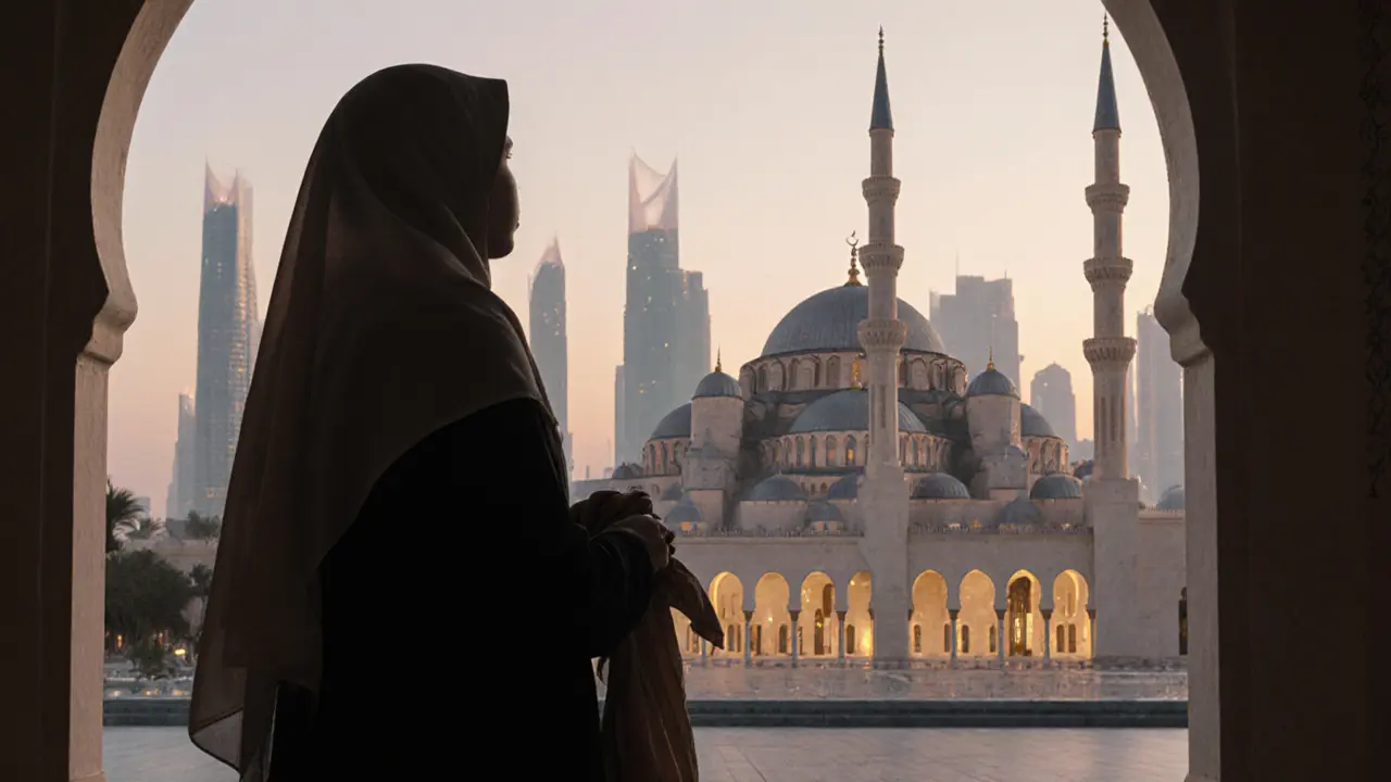 Jumeirah Mosque at twilight, glowing against Dubai’s distant skyline, visitor holding a headscarf in quiet awe.