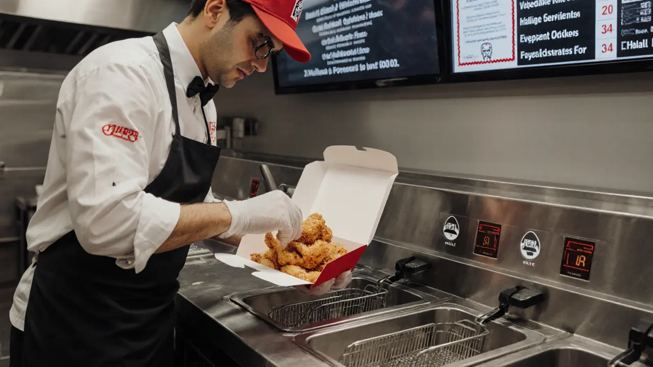 KFC staff using dedicated utensils to pack halal chicken, with a Dubai Municipality halal certificate on the wall behind.