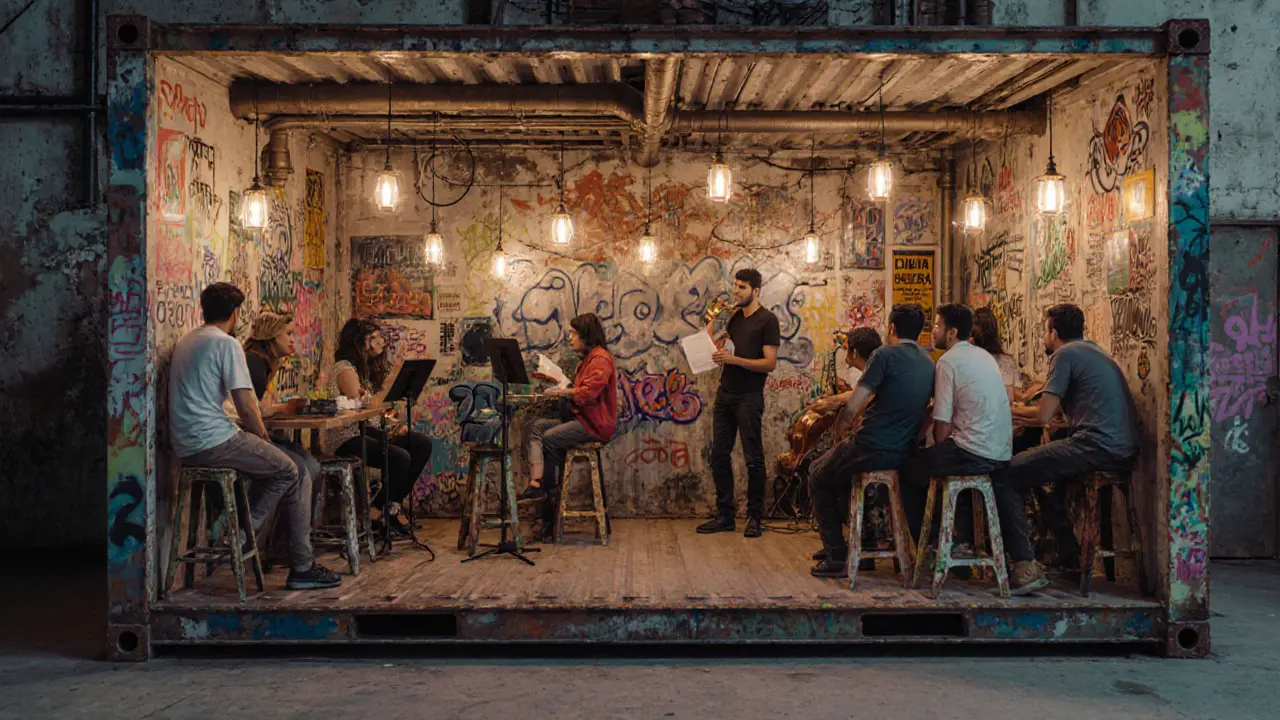Locals enjoying live jazz at a retro café inside a shipping container in Al Serkal Avenue, surrounded by art and string lights.