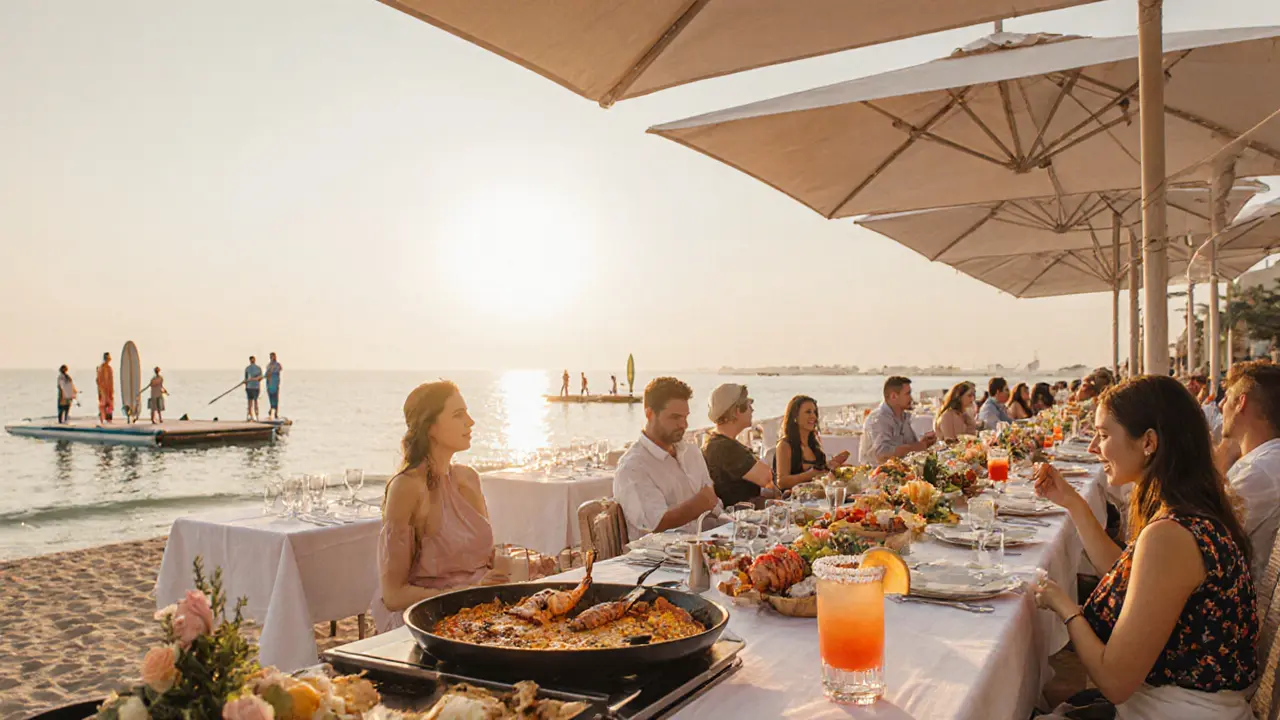 Luxury beach brunch with Emirati dishes and cocktails under umbrellas, golden light reflecting on calm ocean.