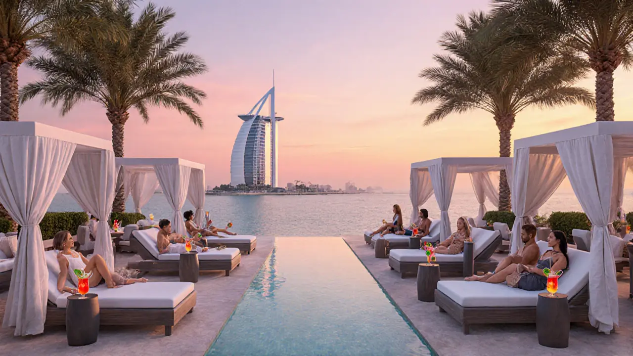 Luxury beach club with cabanas and infinity pool blending into the sea at sunset.