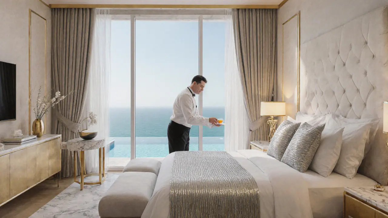 Luxury hotel suite with silver-threaded bedding and butler serving tea, infinity pool overlooking the ocean.