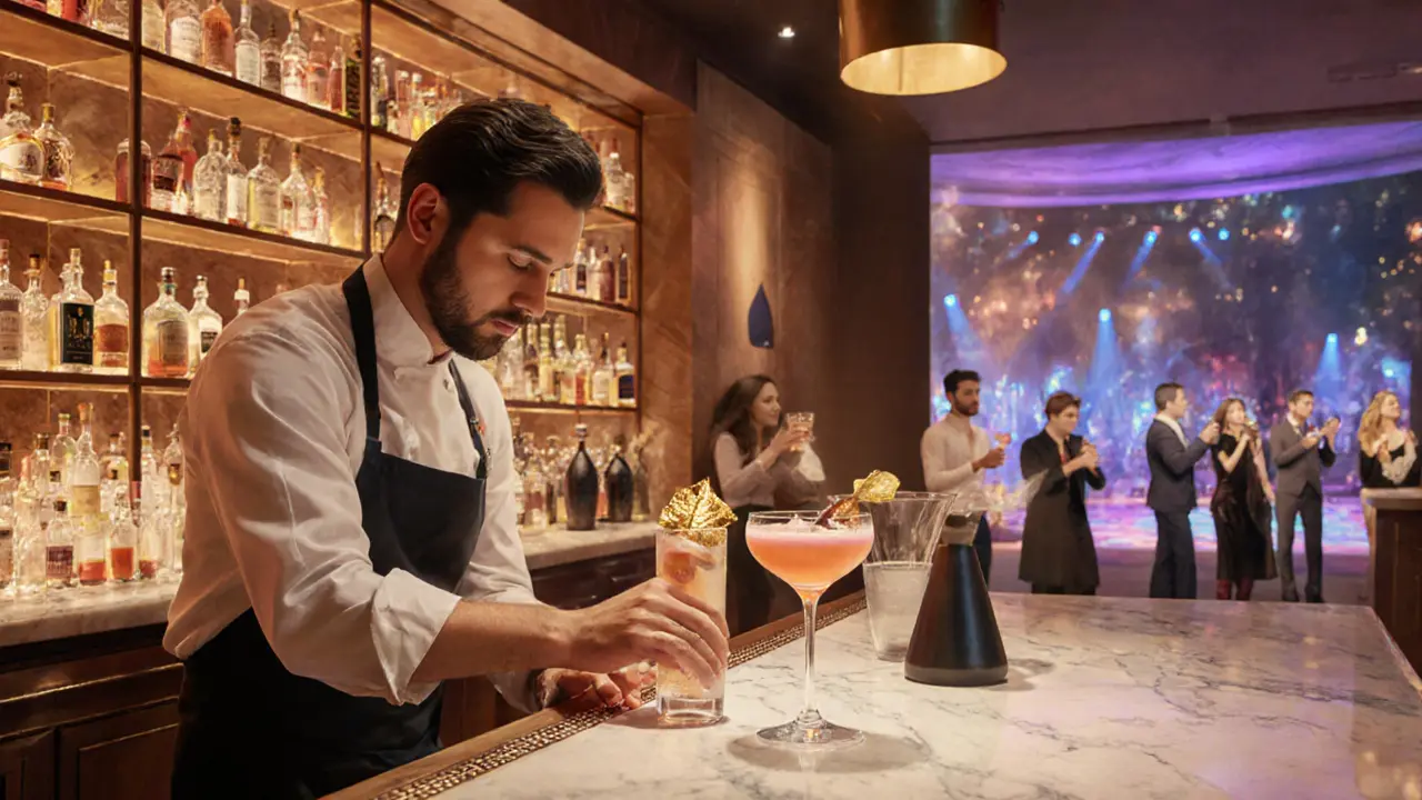 Mixologist preparing a golden-garnished cocktail at BASE Dubai&#039;s elegant bar