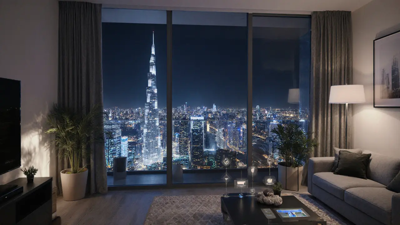 Modern one-bedroom apartment with floor-to-ceiling windows offering a panoramic city view of Dubai.