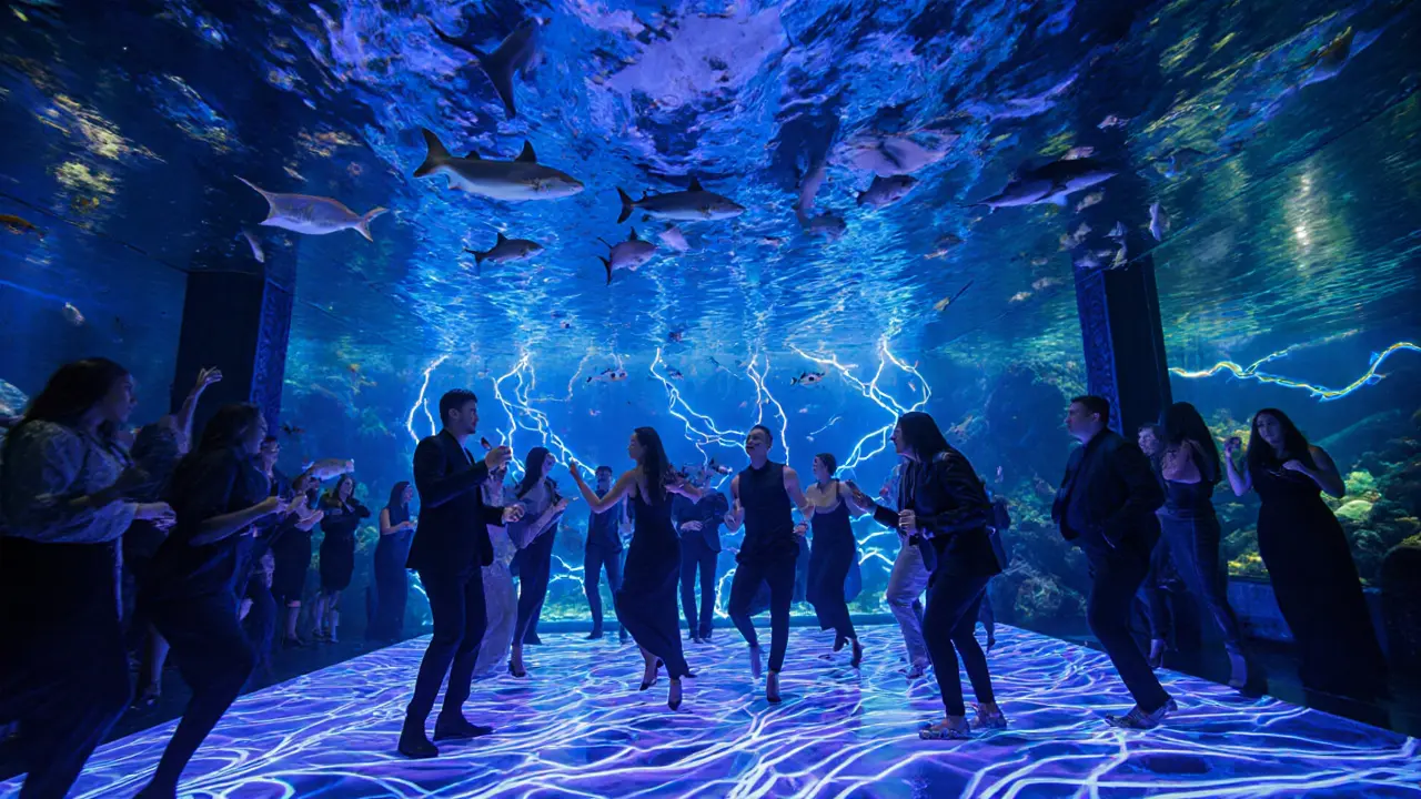 People dancing beneath an aquarium filled with sharks and glowing fish in an underwater club.