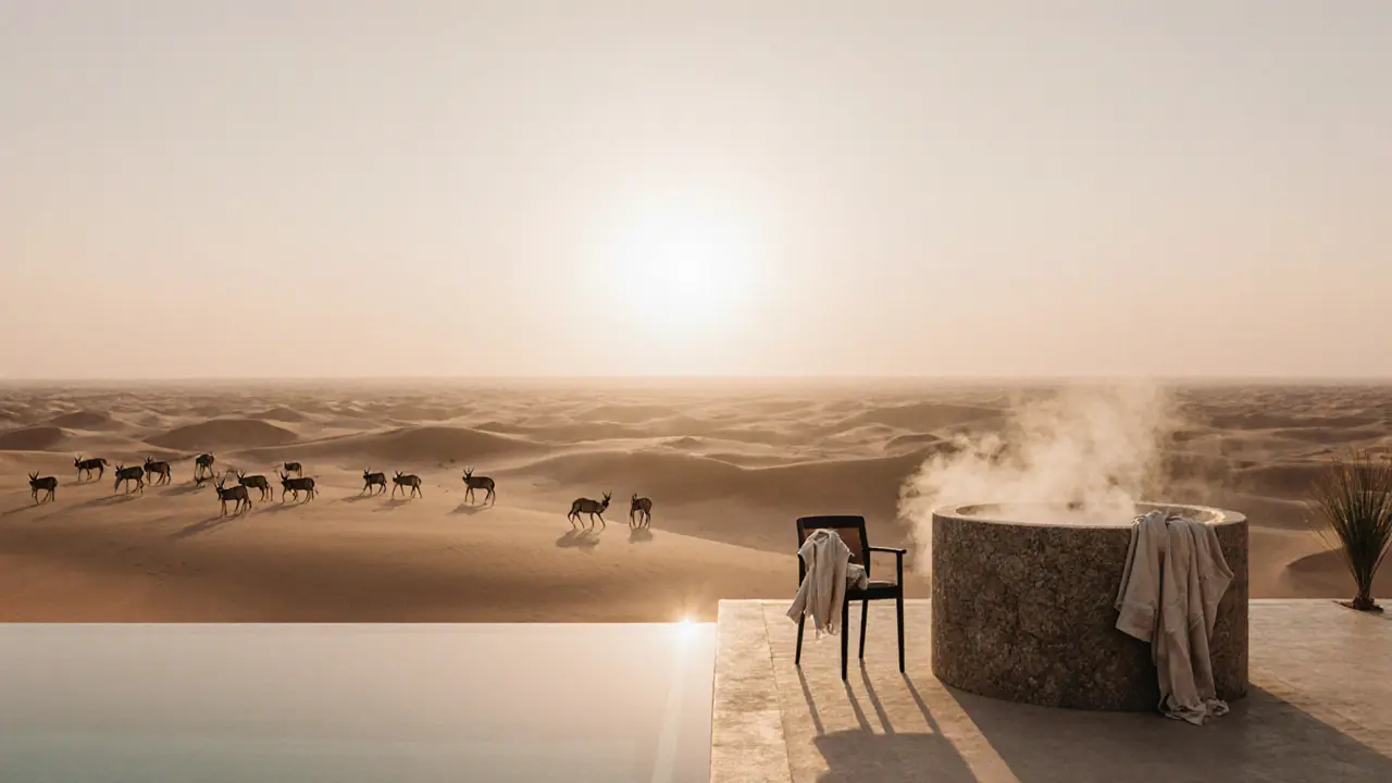 Private desert villa at dawn with pool reflecting sunrise and oryx on distant dunes.