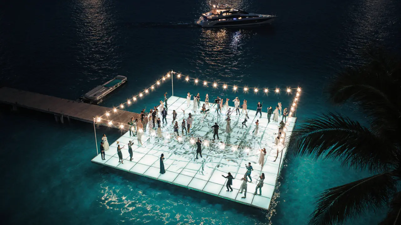 Private island nightclub with glowing dance floor and DJ booth over water, surrounded by palm trees and stars.