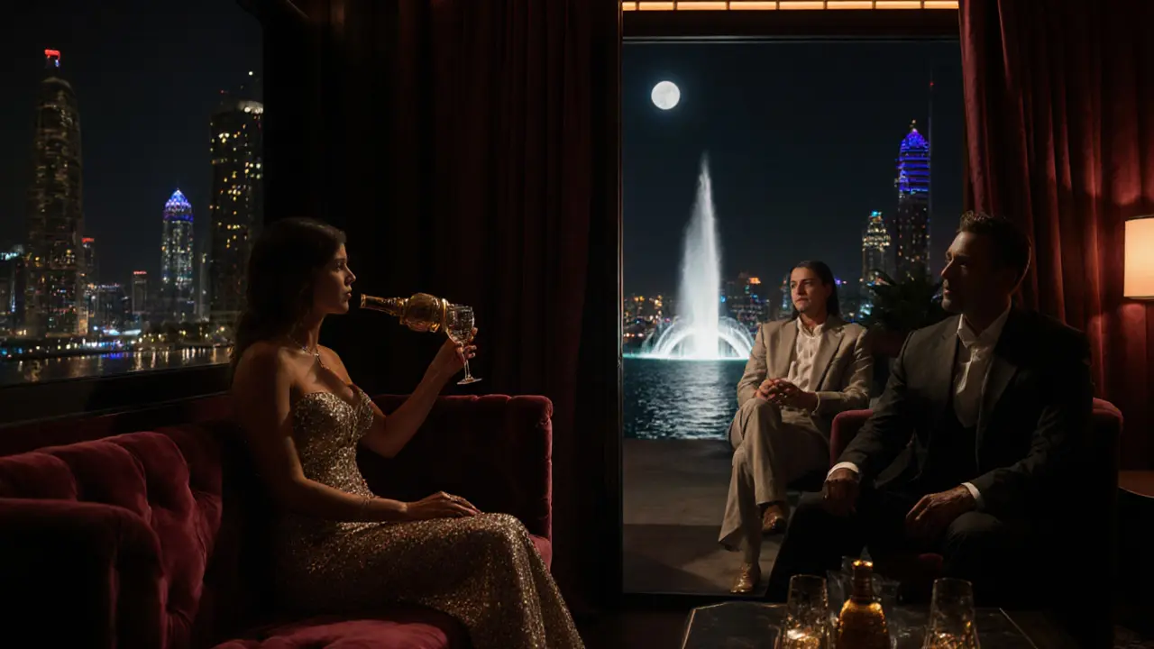 Private VIP lounge with velvet couches and a mixologist pouring champagne, discreet terrace with Dubai Fountain in the background.