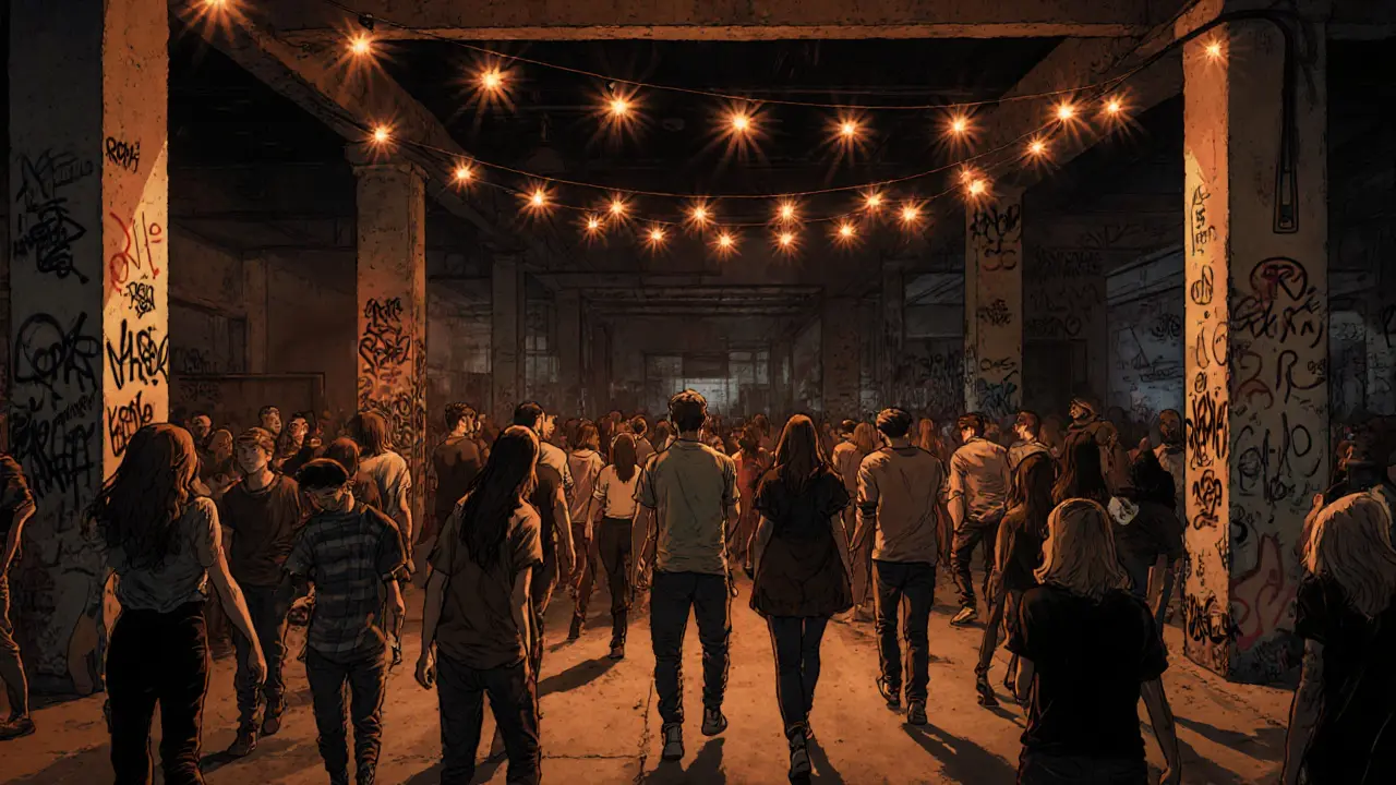 Revolver underground club in a warehouse with concrete floors, dim lights, and a crowd dancing to industrial techno.