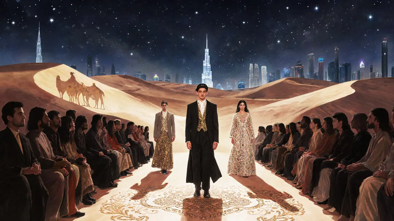 Runway show at Cavalli Club featuring falconry-inspired fashion lit by projection-mapped desert dunes.