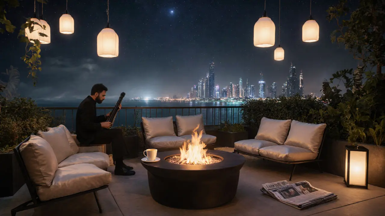 Serene after-party terrace at 4 a.m. with lanterns, fire pit, and oud player, empty espresso cup and starlit Dubai skyline in the distance.