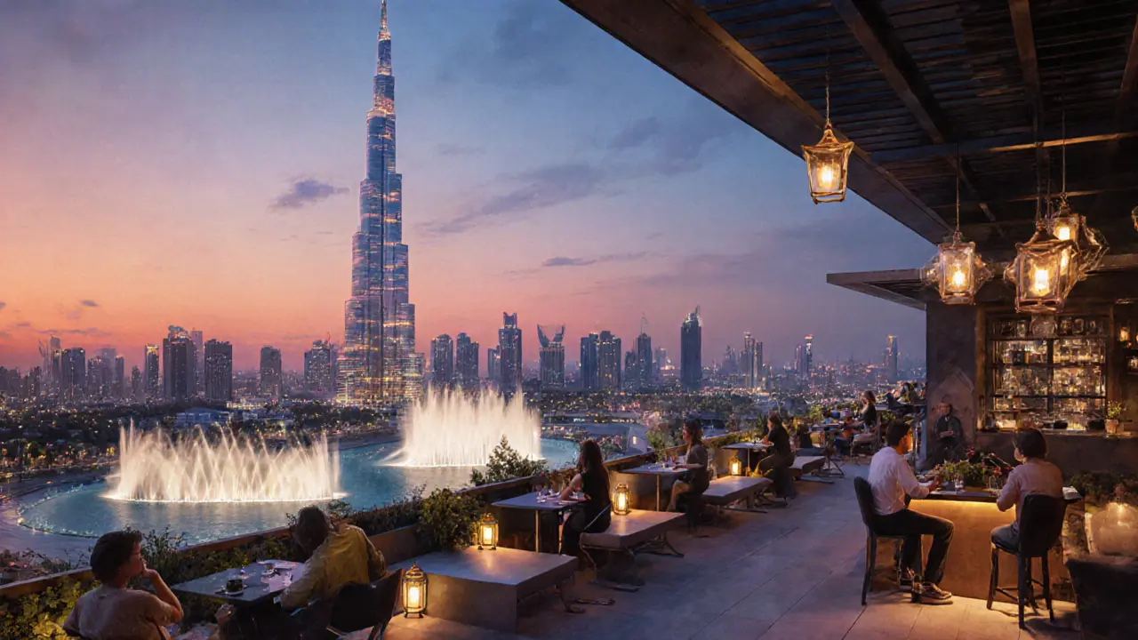 Skyview Bar terrace with Burj Khalifa glowing at dusk and Dubai Fountain shimmering below in twilight colors.