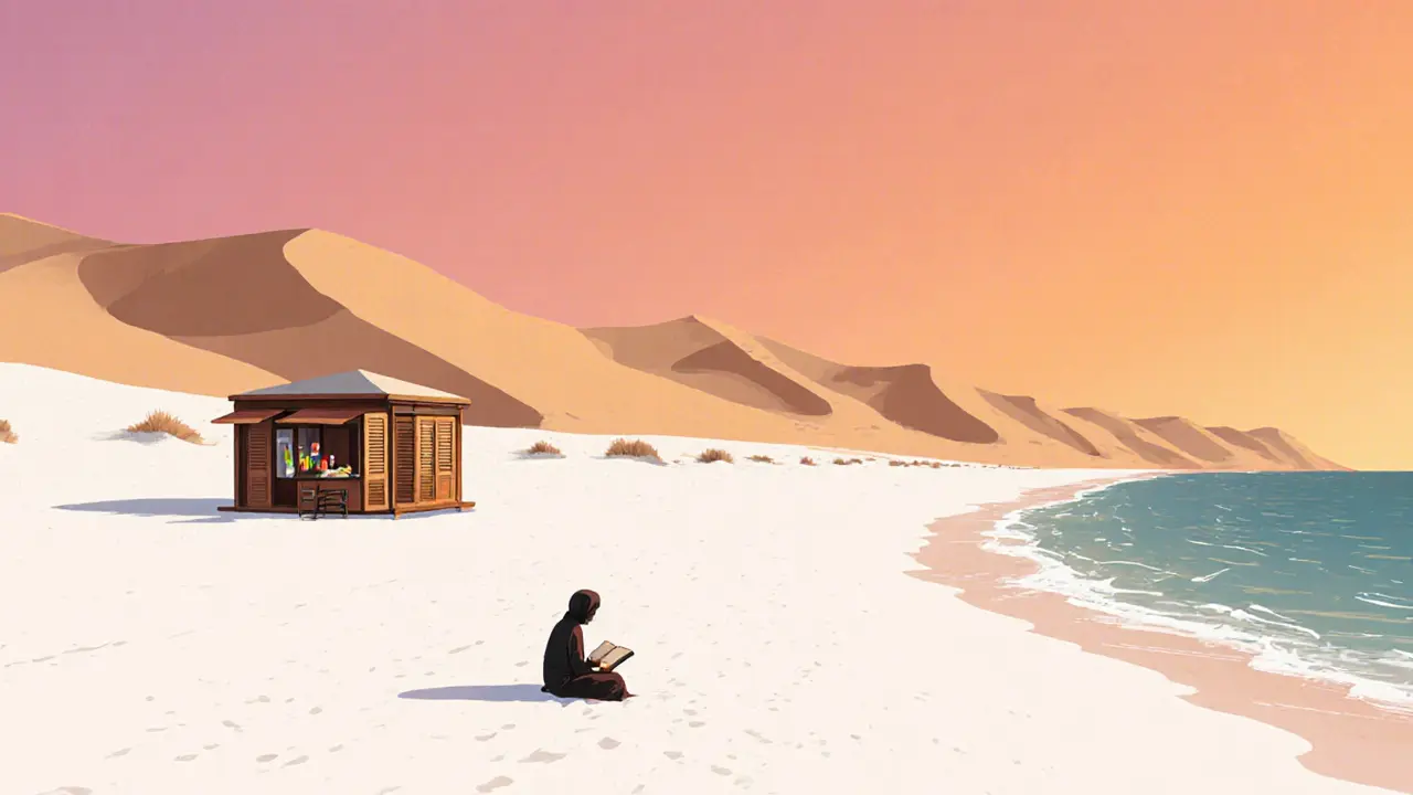 Solitary reader at Al Faya Beach with desert dunes behind and calm ocean ahead at sunset.