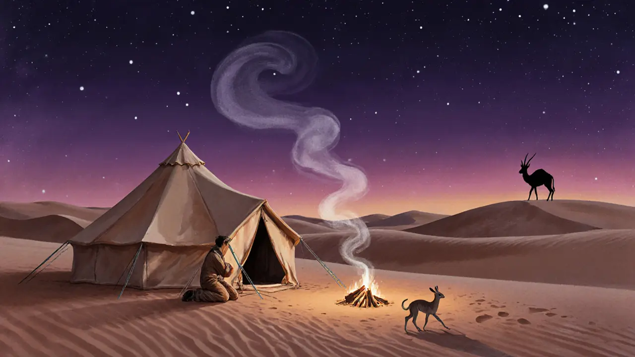 Sunset in Dubai Desert Conservation Reserve with camel, tent, and oryx silhouetted against dunes.