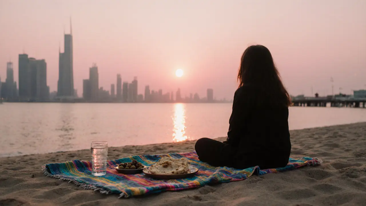 Sunset picnic on Al Sufouh Beach with food spread on sand and Dubai skyline glowing in the distance.