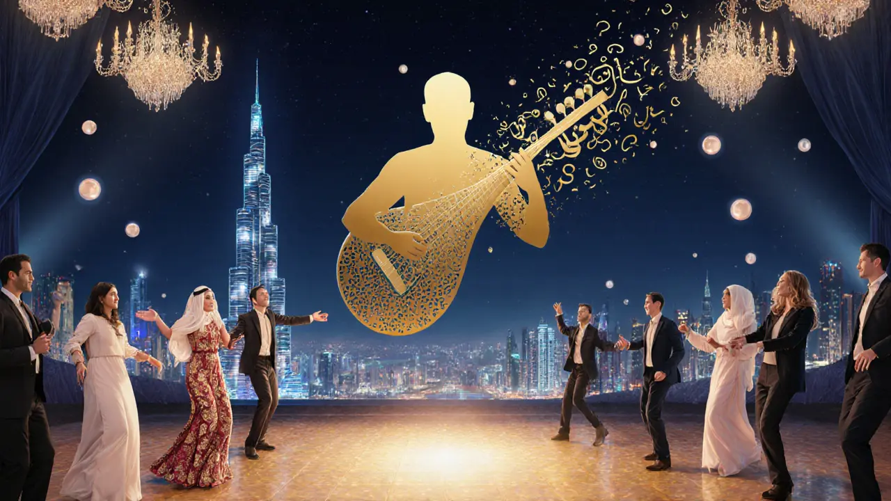 Surreal blend of traditional oud music and modern beats, diverse guests dancing under floating chandeliers with Burj Khalifa in distance.