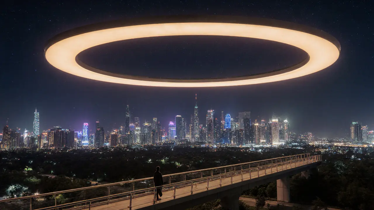 The Dubai Frame glowing amber at night, casting light over the city skyline in a serene, dreamlike scene.