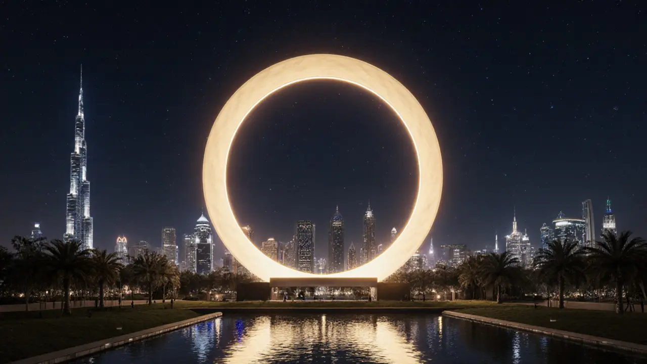 The Dubai Frame glowing golden at night, standing tall against a dark sky with city lights sparkling below.
