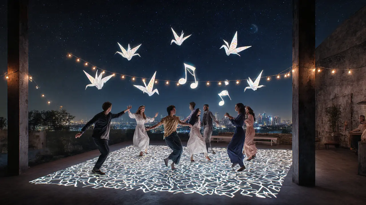 The Loft dance event with floating light projections, Arabic patterns, and diverse dancers under string lights in a converted warehouse.