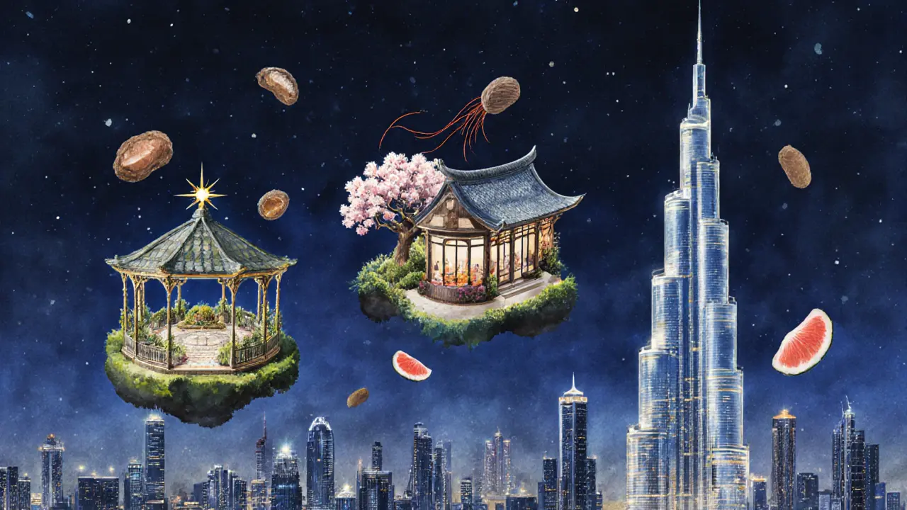 Three iconic Dubai restaurants represented as glowing architectural forms against a twilight skyline with Burj Khalifa in the distance.