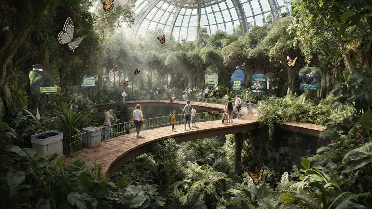 Visitors explore a lush indoor rainforest at The Green Planet, surrounded by natural airflow, solar lighting, and compost systems in a sustainable ecosystem.