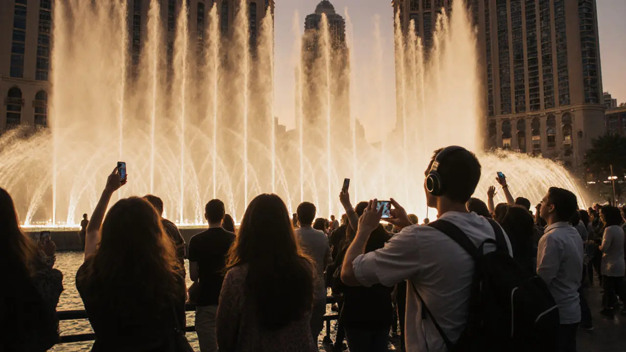 Visitors gather at sunset to watch the dazzling Dubai Fountain show with water jets soaring into the sky.