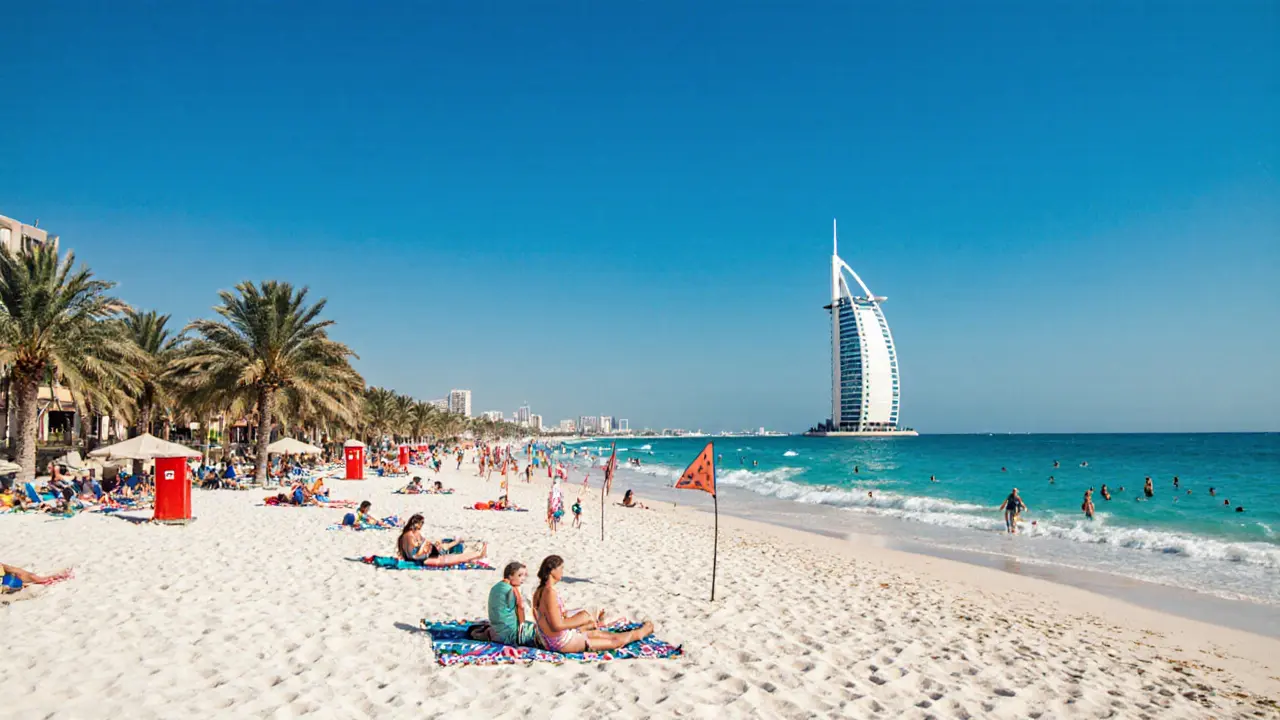 White sandy Jumeirah Beach with families under palm trees and Burj Al Arab in the distance.