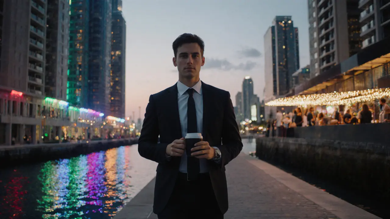 Young professional walking along the Dubai Canal at twilight with glowing skyscrapers and reflected lights.