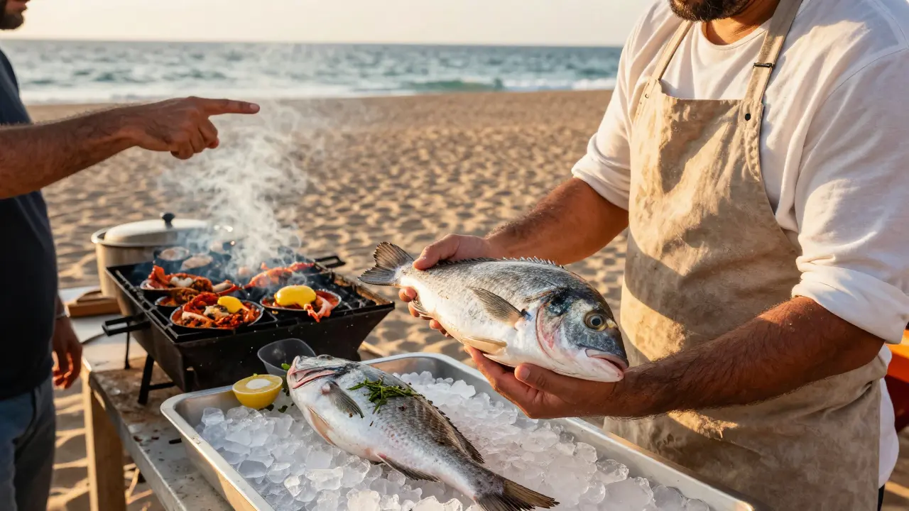 A chef presents freshly caught sea bream at La Plage’s beachside seafood market during golden hour.