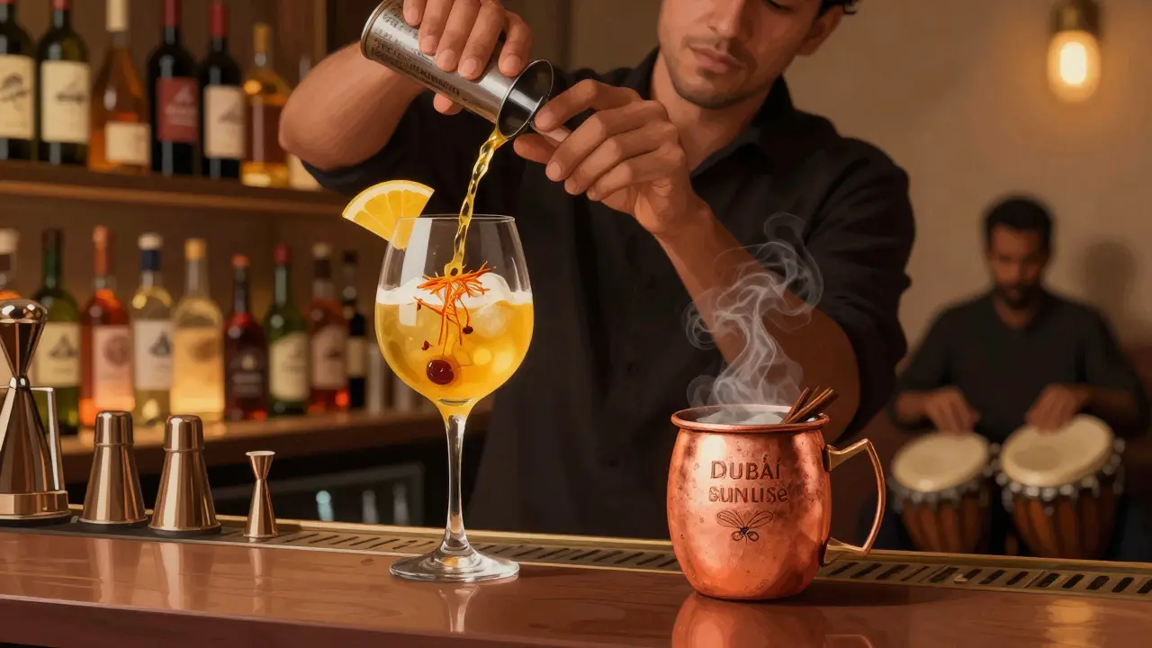 A craft cocktail bar at Soho Garden featuring saffron gin and cardamom mule in copper mugs, with curated wines on display.