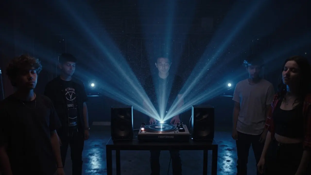 A DJ spins a rare cassette at Level 43, locals lost in the music under dim blue lighting.