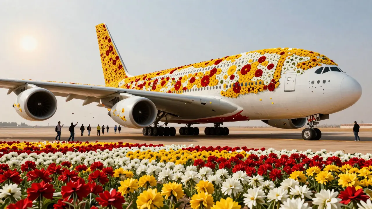 A full-sized Airbus A380 airplane completely covered in colorful flowers.
