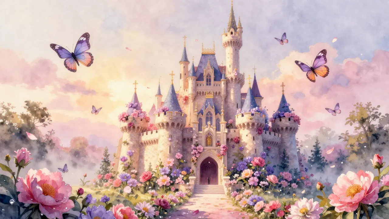 A majestic flower castle rising like a fairy-tale fortress at dawn.