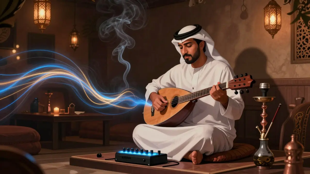 A musician plays oud with a loop pedal in a cozy lounge, blending traditional melodies with ambient synths.