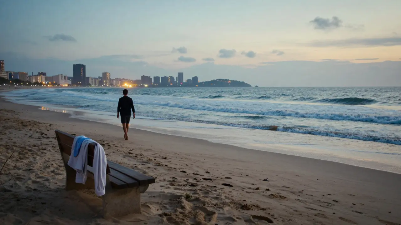 A solitary figure walking along La Mer beach at dawn after a night at Soho Garden, waves lapping as the city glows softly behind.