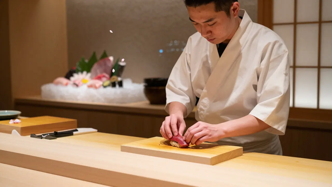 A sushi master prepares omakase at Junsui, focused and serene, with cherry blossom and seafood details.