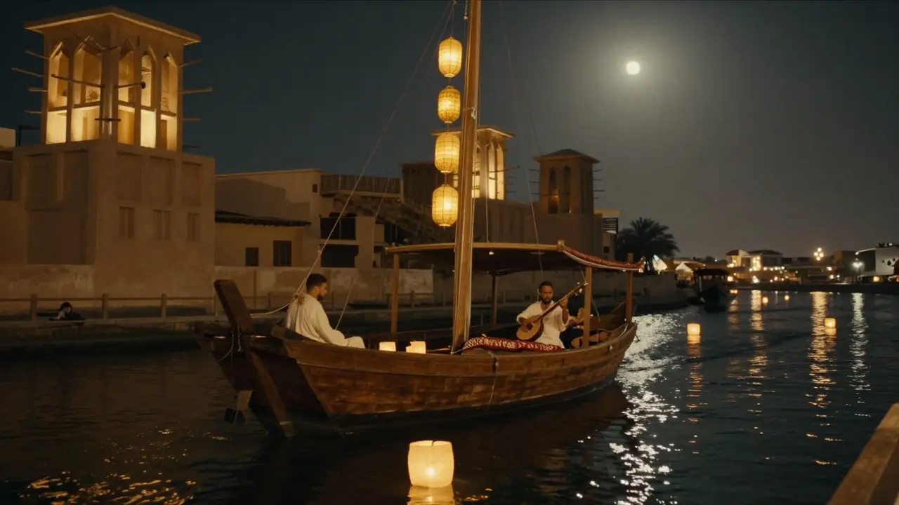 A wooden dhow sailing on Dubai Creek at night, lanterns glowing, paper lanterns floating on water, musician playing a stringed instrument.