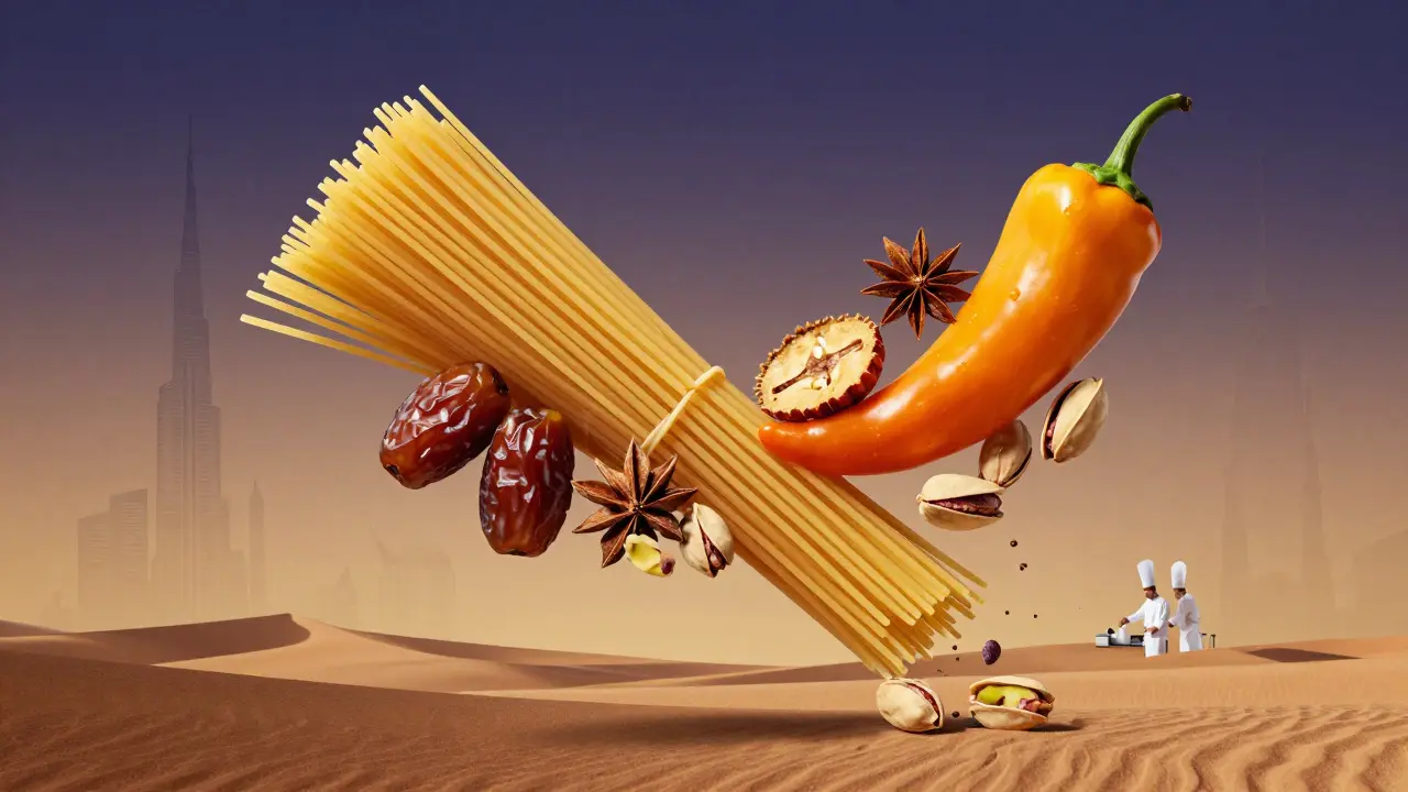 Abstract fusion of Italian pasta and Emirati dates with Peruvian peppers and UAE pistachios in a golden desert sky.