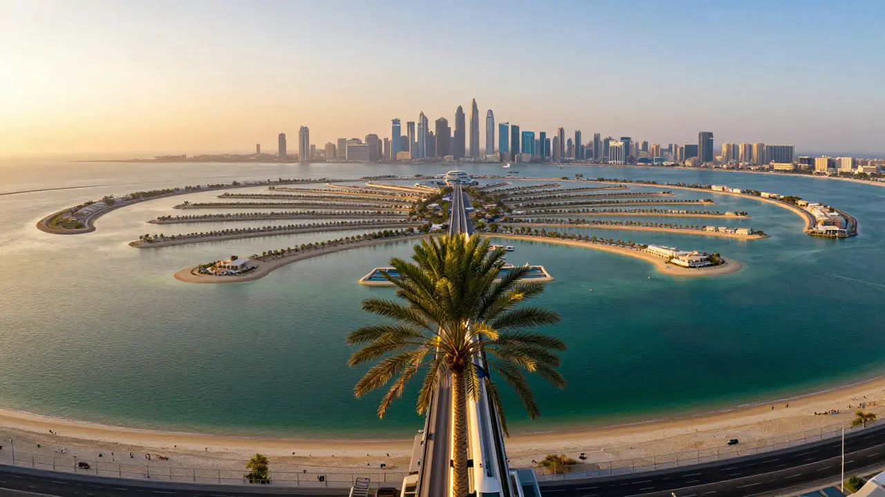 Aerial view of Palm Jumeirah shaped like a palm tree at golden hour, with Dubai’s skyline in the background and the monorail glowing along its trunk.