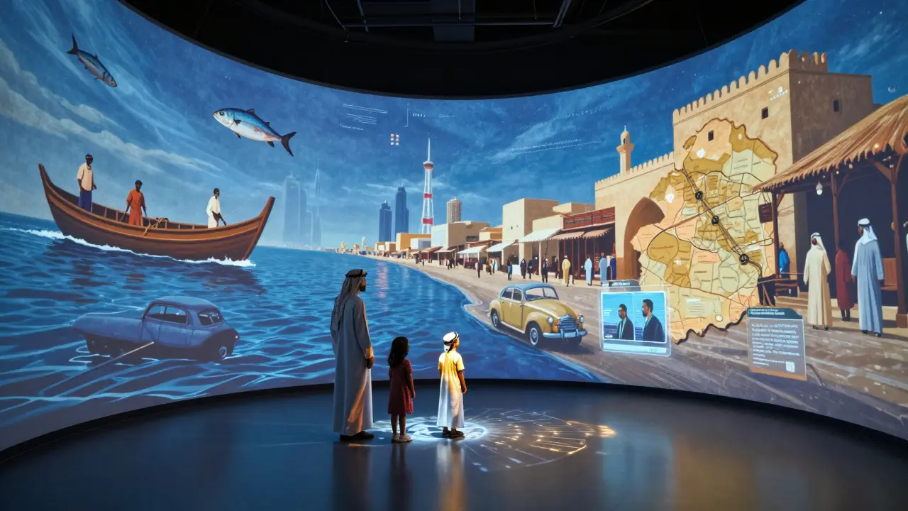 An immersive museum interior with projections of vintage Dubai scenes, casting light on a family watching the stories unfold.