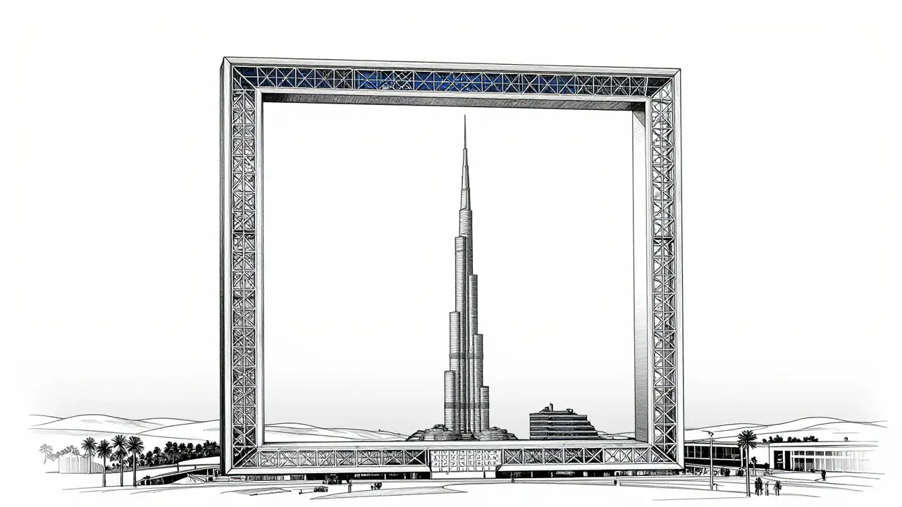 Black-and-white architectural line drawing of the Dubai Frame’s minimalist structure with empty center.
