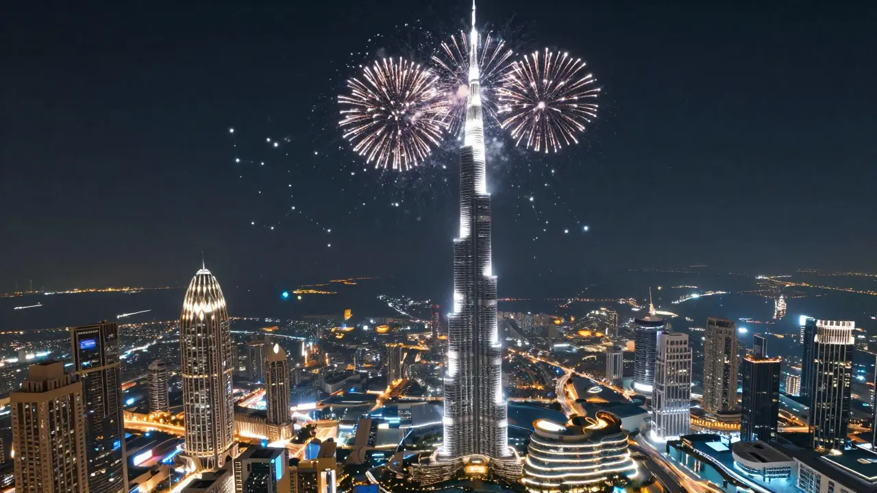 Burj Khalifa at night crowned by fireworks, surrounded by glittering city lights.
