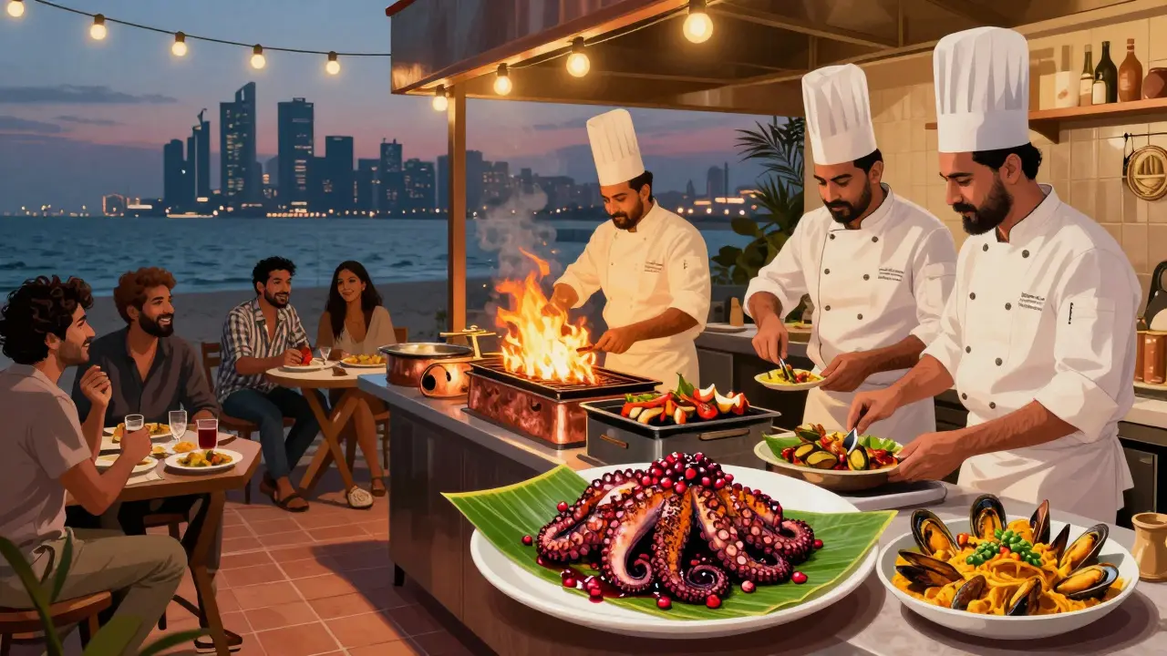 Chefs preparing za’atar octopus and coconut mussels at Beirut Beach under string lights at dusk.