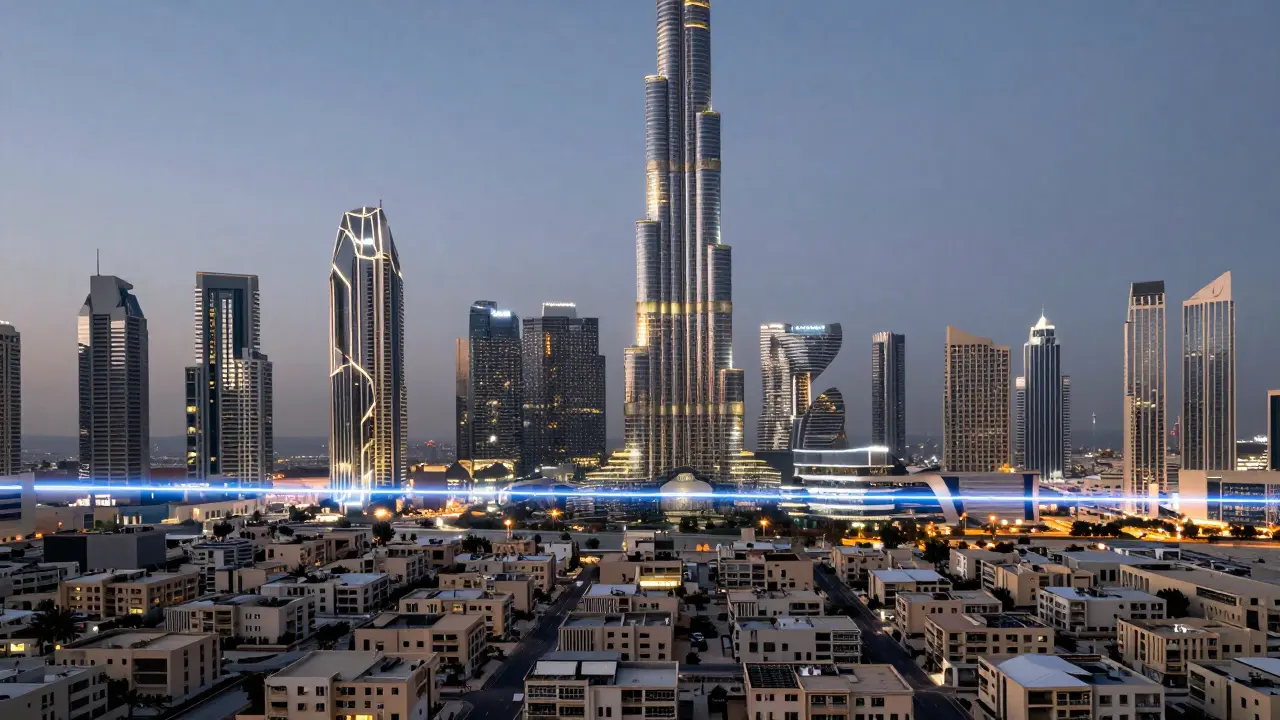 Contrast between glittering Downtown Dubai skyline and modest Business Bay towers at dusk.