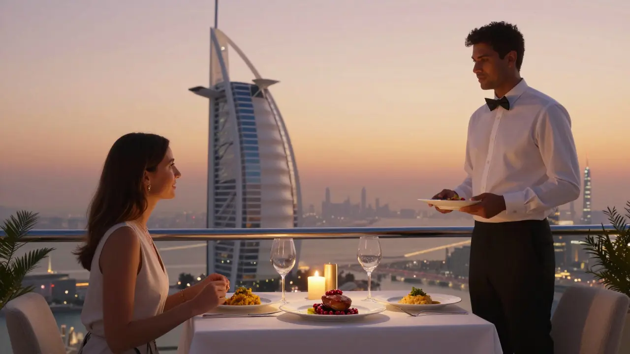 Couples dine at Al Muntaha with Dubai’s skyline glowing at sunset, fine dining plates on the table.