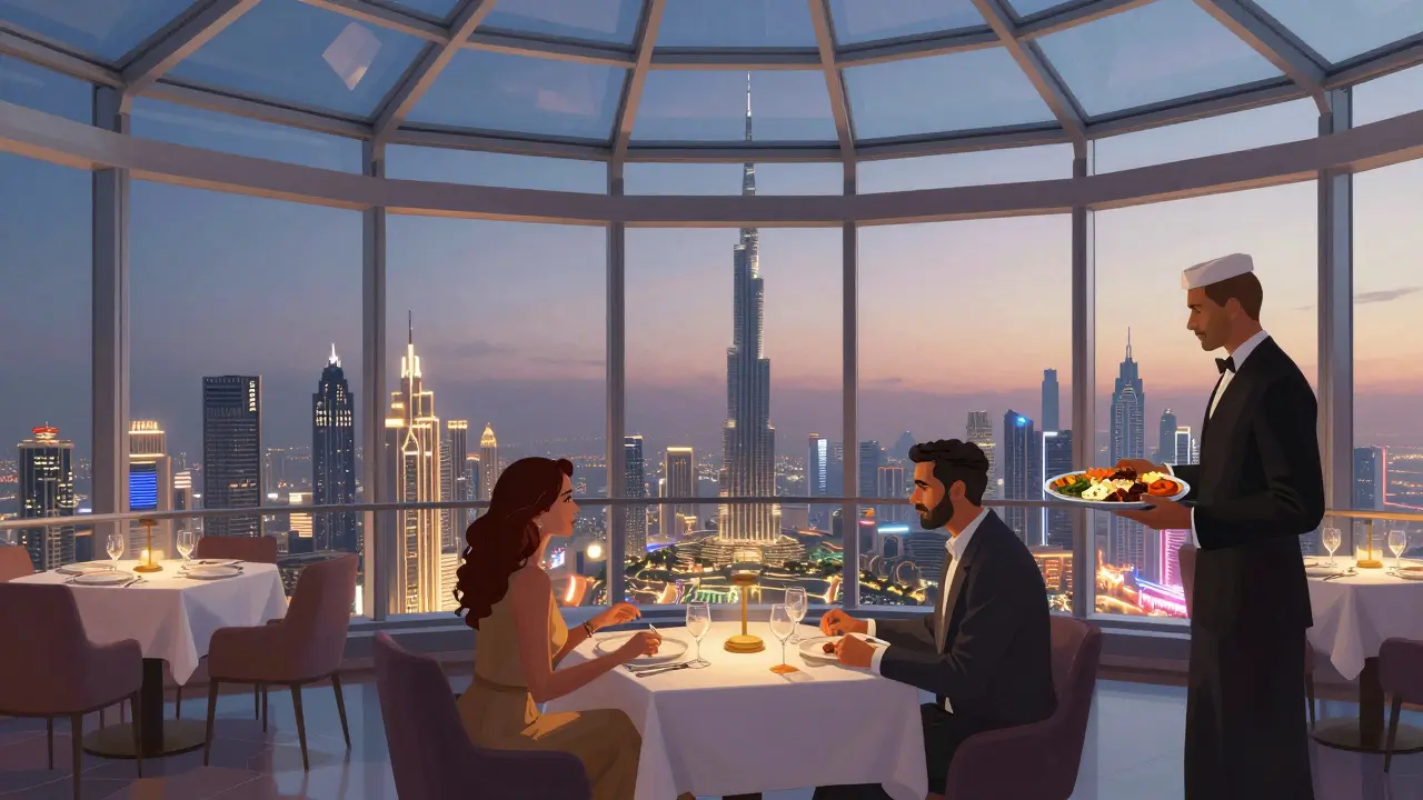 Couples dining in a rotating restaurant with panoramic Dubai skyline at dusk.
