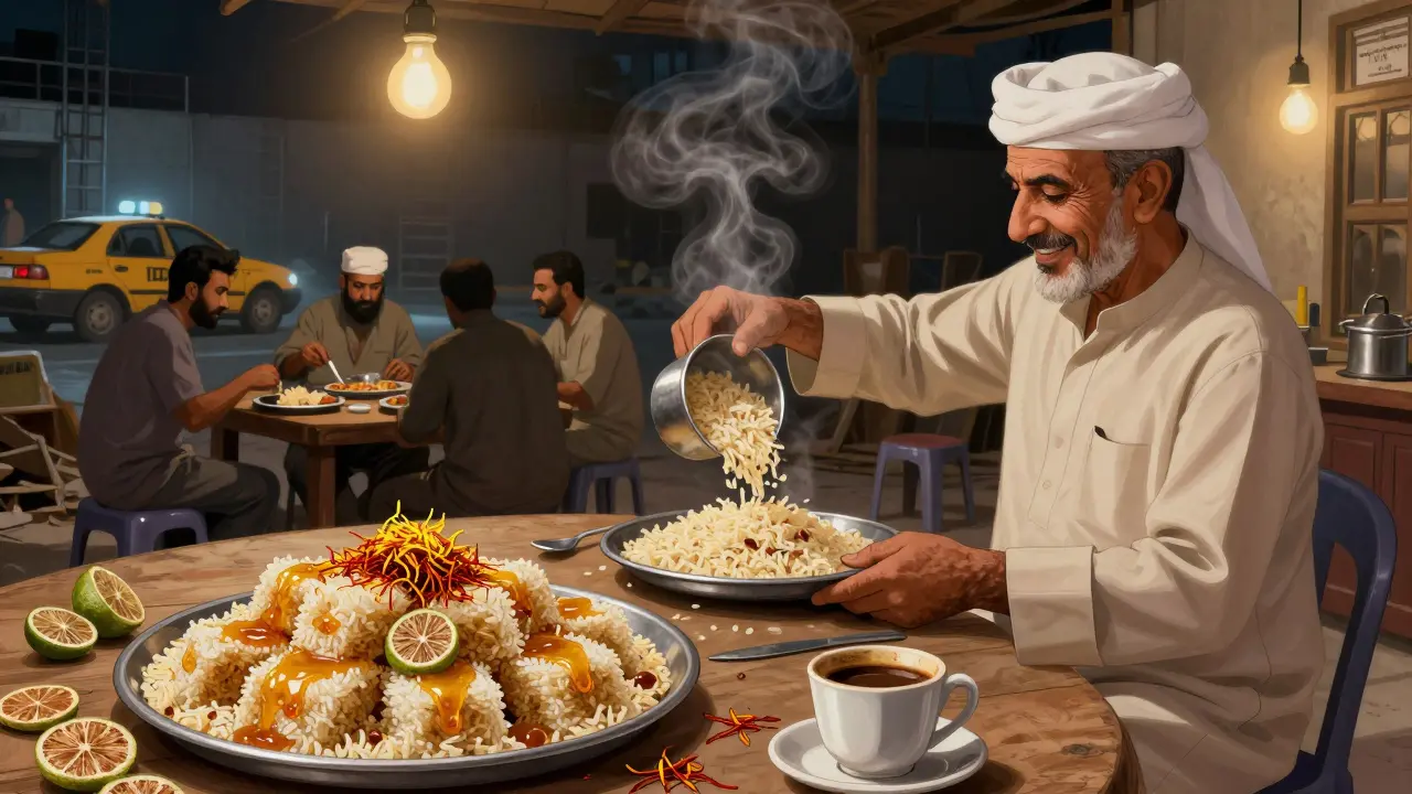 Cozy midnight dining scene at Al Mallah with diverse diners eating fragrant machboos from shared trays under warm lights.